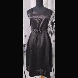 Vintage 90s Daniel Laurent Black Satin Embroidered Whimsigoth Midi Dress